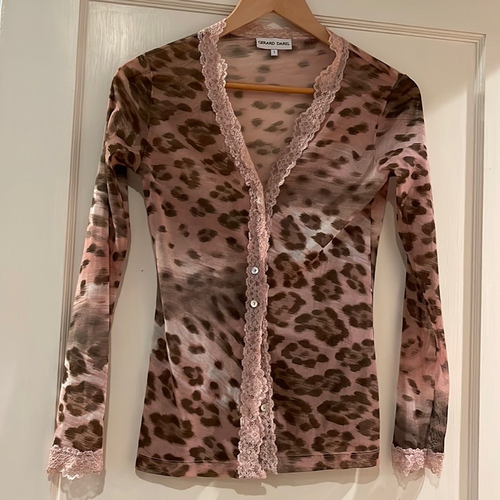 Gerard Darel Sheer Cardigan, Size 1, Pink Leopard